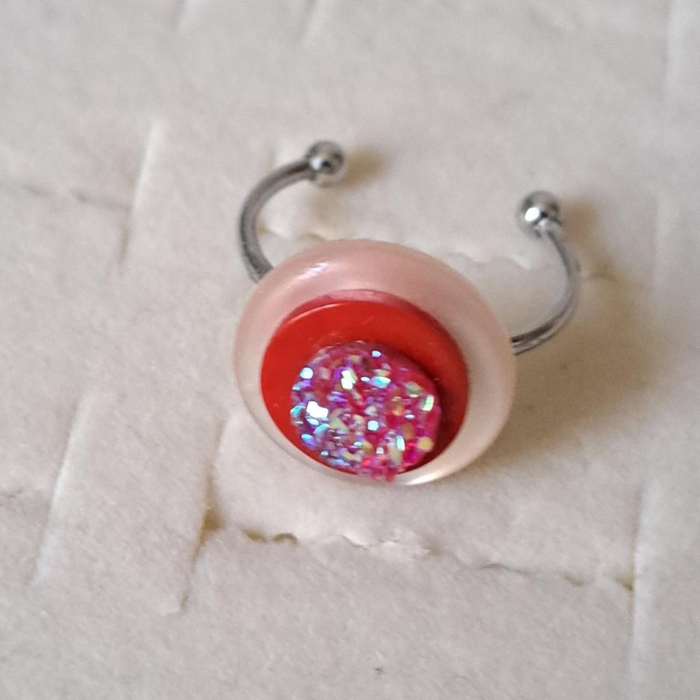Handmade Adjustable Button Ring Pink Red Iridescent Druzy Statement Jewelry